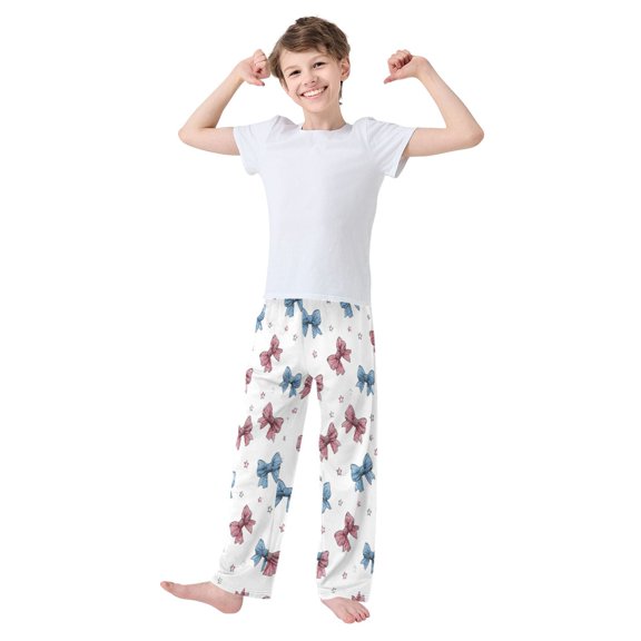 Kids' Pajama Pants Soft Relaxed Fit Sleep Pants Lounge Pants with Pockets Red and Blue Stripes Bows Medium