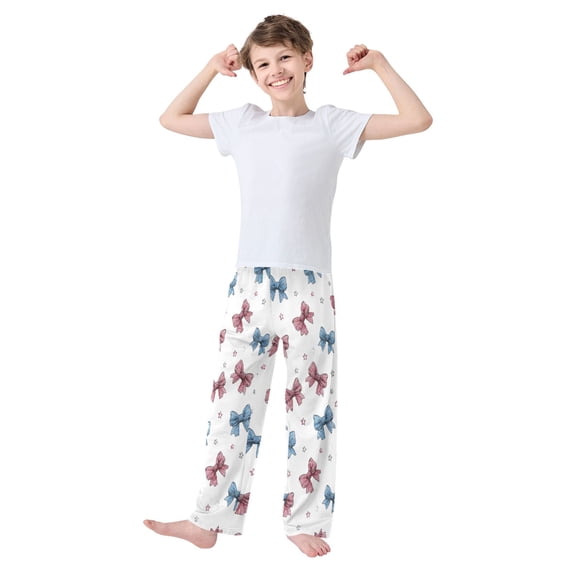 Kids' Pajama Pants Soft Relaxed Fit Sleep Pants Lounge Pants with Pockets Red and Blue Stripes Bows X-Large