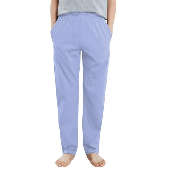 Kids Pajama Pants Unisex Soft Cotton Sleep Lounge Bottoms with Elastic Waist & Pockets, 4-14 Light Blue