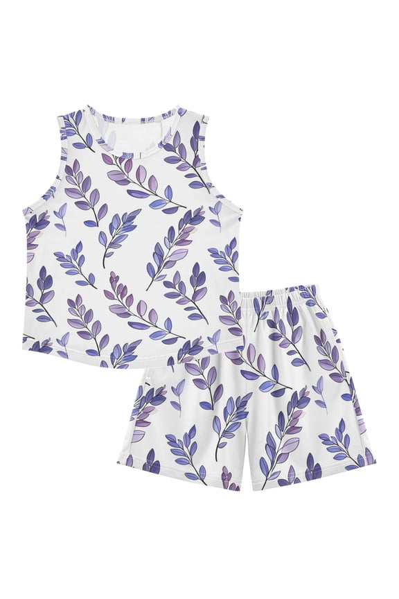 Kids Pajama Sets Breathable Tank Top & Shorts Sleepwear for Girls & Boys Purple Lavender Leaves 5-6Y