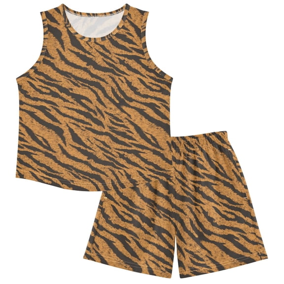 Kids Pajama Sets Breathable Tank Top & Shorts Sleepwear for Girls & Boys Tiger Stripes Pattern 7-8Y