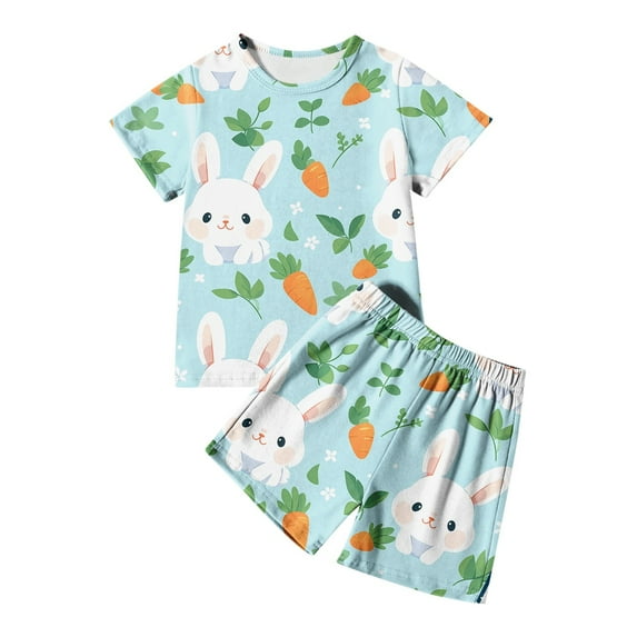 Kids Pajamas Boys Easter Pajamas Kids Cute Bunny Printed Short Sleeve Top and Short Pants Two Pieces Spring Pajamas for Boys 6-7 Years
