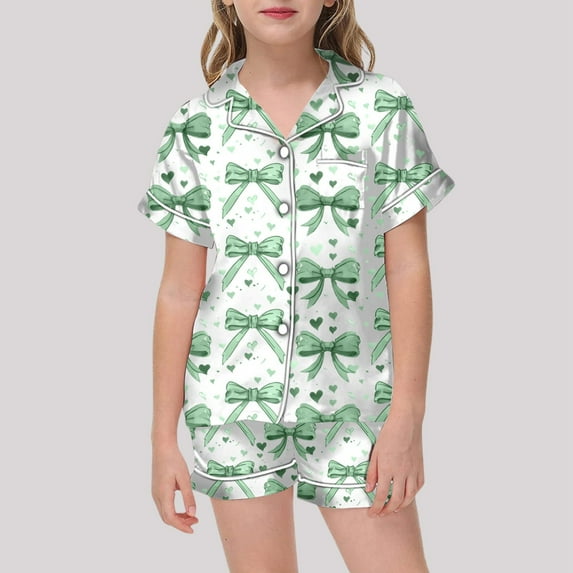 Kids Pajamas Girls Bow Print 2 Piece Set Short Sleeve Button-Down Sleepwear with Shorts Set Kid Christmas Pajamas Teen Pajamas Girls 6-7 Years