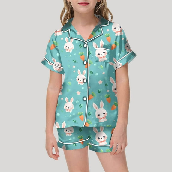 Kids Pajamas Girls Easter Pajamas Cute Bunny Printed Short Sleeve Button-Down Kids Nightwear Boys' Sleepwear for Toddler Girls 6-7 Years