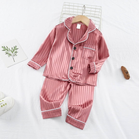 Kids Pajamas Girls New Children's Silk Printed Home Clothing Color Ding Imitation Silk Long Sleeved V-Neck Long Pants Set Style B-2 Watermelon Red 1 Years