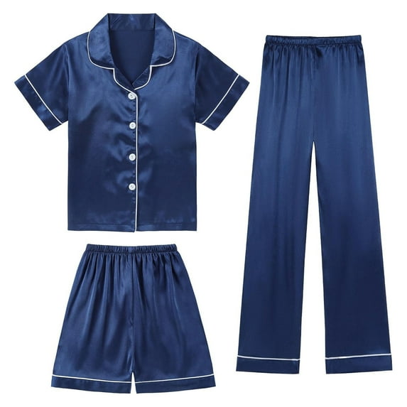 Kids Pajamas Girls Solid 3 Piece Set Short Sleeve Button-Down Nightwear with Shorts Pants Set Kids Christmas Pjs Clothes for Girls 4-5 Years