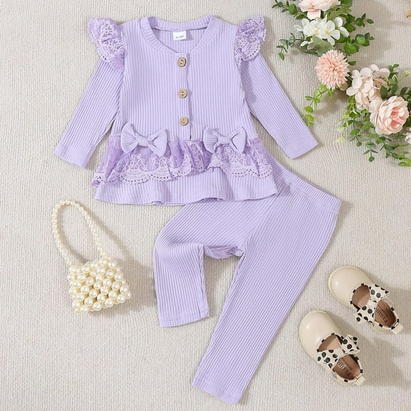Kids Pajamas New Children and Girls Solid Color Button Lace Splicing Skirt Long Pants Two Piece Set Long Sleeve Round Neck Tops/Shirt Set Style B-26 Purple 90