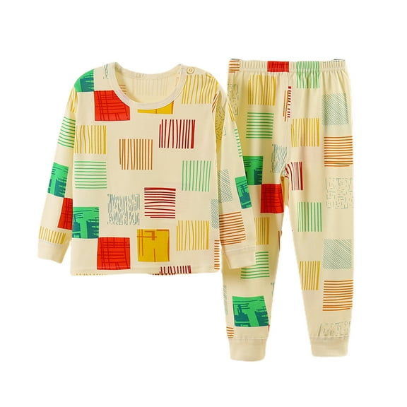 Kids Pajamas Set Boys Girls Cotton Sleepwear Long Johns Printed Pullover Tshirt Pants Cute Toddler Pjs Loungewear