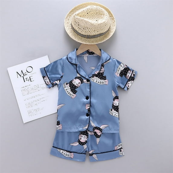 Kids Pajamas Set Bunny Print Summer Short Sleeve Blouse Tops with Shorts Toddler Boys Girls Sleepwear