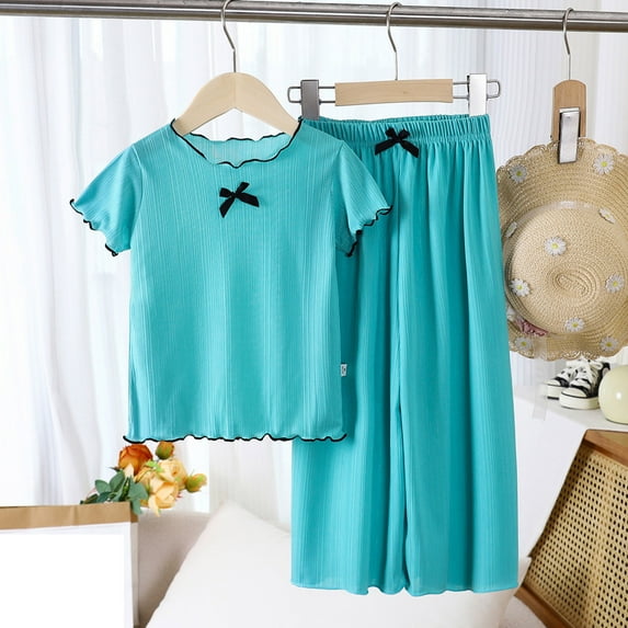 Kids Pajamas Set Crewneck Soft Comfort Short Sleeve Top and Pants Set Spring Fall Clothes Kids Preppy Pajamas for Girls 7-8 Years