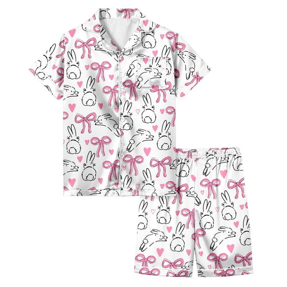 Kids Pajamas Set Girls 10-12 Easter Bunny Print and Egg Bilby Print Easter Sunday BreathableButton Closure Loungewear Set Summer Sleepwear Clothes Set Trendy Fashion Cothes
