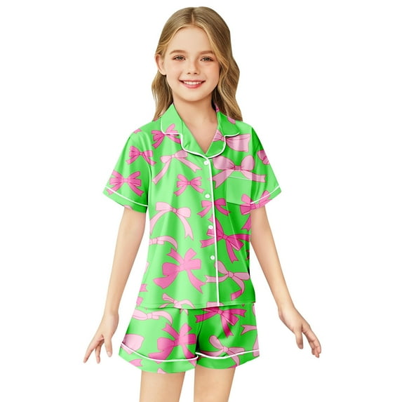 Kids Pajamas Set Silk Satin Bow Tie Printed 2 Piece Set Short Sleeve Button Down Top Shorts Set Summer Outfits for Girls Kids Pajamas Girls 8-9 Years