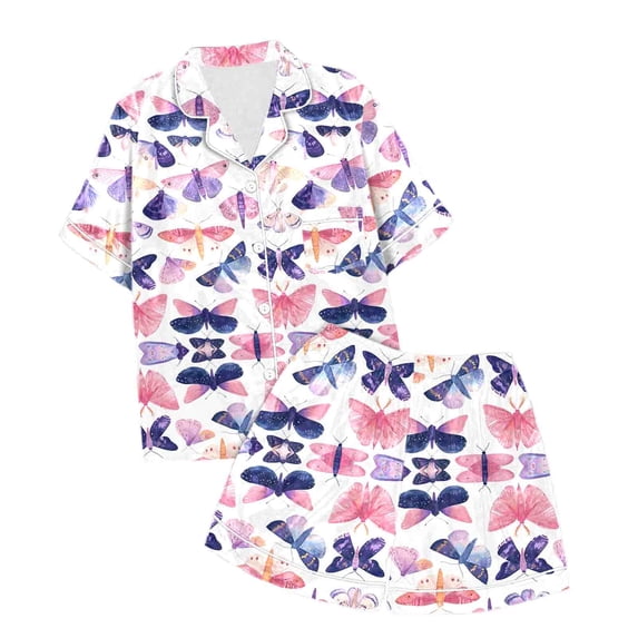 Kids Pajamas Set Silk Satin Butterfly Printed Short Sleeve Button-Down Top Shorts Summer PJS for Girls Toddler PJS 10-11 Years