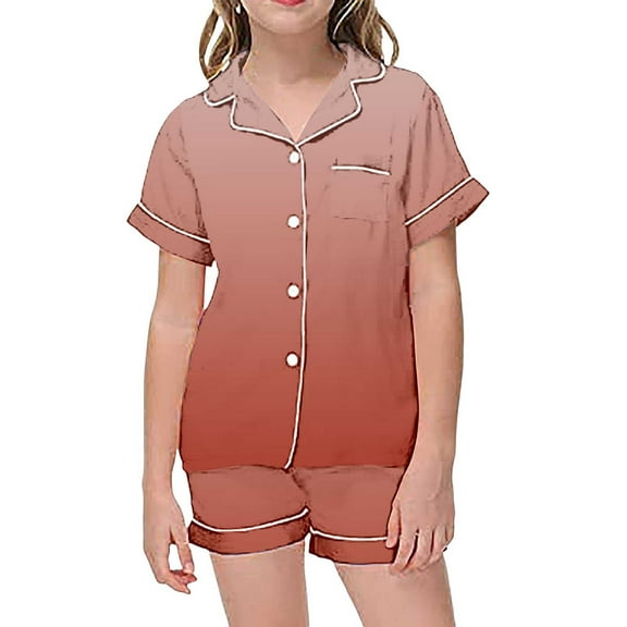Kids Pajamas Set Silk Satin Gradient Short Sleeve Button-Down Top Shorts Set Girls Summer Pajamas Boys Pajamas Size 8-9 Years
