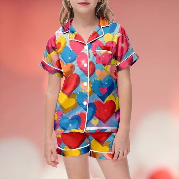 Kids Girls Silk PJS Heart Print Short Sleeve Button-Down Top Shorts Set Summer Outfits for Girls Preppy Stuff for Girls 10-11 Years