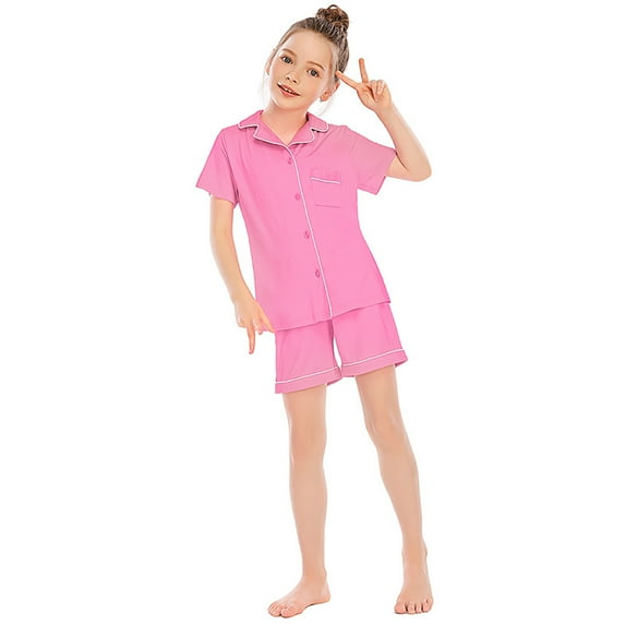 Kids Pajamas Short Sleeve Sleepwear Button-Down Kids Nightwear Girl Pajama Set for Boys 6-7 Years
