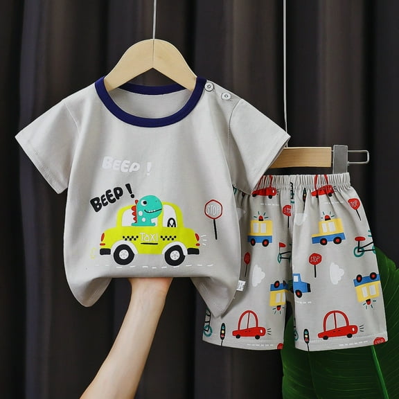 Kids' Pajamas Summer Cartoon Dinosaur Car Prints Kids Baby Thin Breathable Soft Cotton T Shirt Shorts Outfit Boys Pajamas Grey 3 Years-4 Years