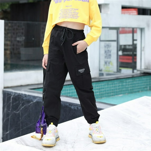 Kids Pants Clothes For Girls 7-8 Girls Drawstring Cargo Jogger Pants Elastic Waist Streetwear Loose Parachute with Pockets Black 4-5 Years
