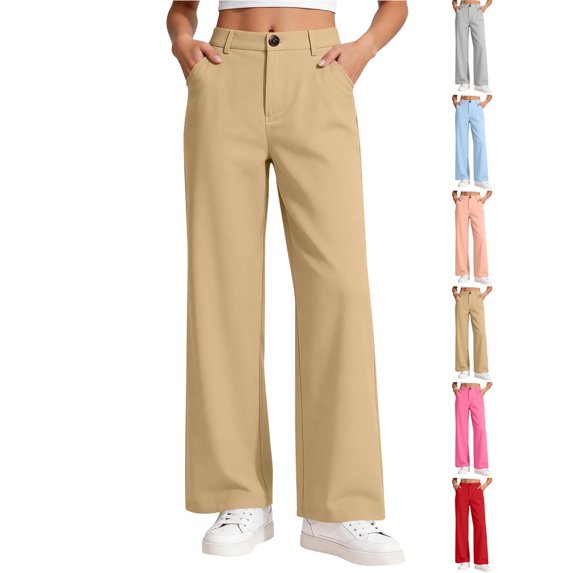 Kids Pants Dqueduo Girls' High Waist Wide Leg Dress Pants Casual Straight Leg Trousers With Button Zipper Closure And Pockets