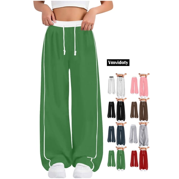 Kids Pants Drawstring Athletic Solid Color Wide Leg Track Pants Green 12-13Years