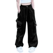 Kids Pants Girls Size 7-8 Girls Cargo Pants High Waisted Drawstring Casual Jogger Pants Teen Children Streetwear Loose Parachute with Pockets Trousers Black,11-12 Years
