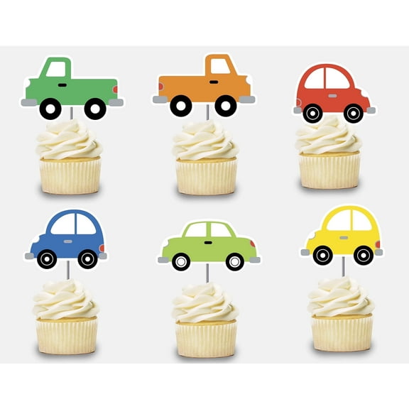 Cars Cupcake Toppers, 12 Count, Transportation Cake Picks Birthday Decoration, Party Supplies