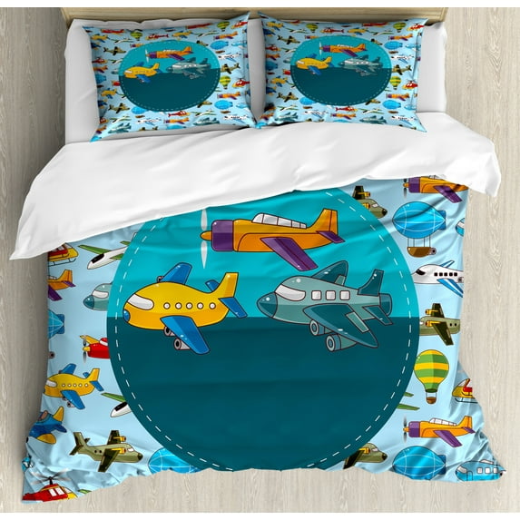 Kids Party Duvet Cover Set King Size, Colorful Retro Style Various Cartoon Airplanes Air Balloons Zeppelins Boys Kids, Decorative 3 Piece Bedding Set with 2 Pillow Shams, Multicolor, by Ambesonne