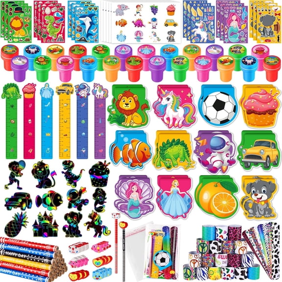 Kids Party Favor Set, 240 Pieces, Stampers, Pencils, Stickers, School Stationery Bulk, for Classroom Birthday Goodie Bags, Pinata Fillers, Ages 4-12