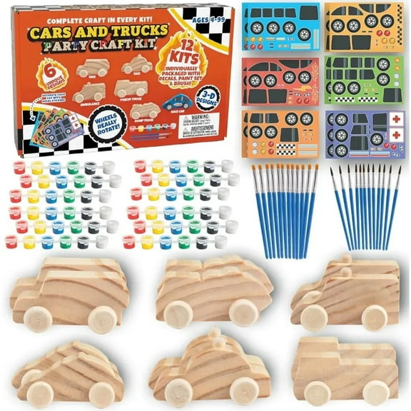 Kids Party Wood Painting Craft Kits (12ct) 3D Cars - Each Kit Has its Own Brush, Paint, & Figure- 6 Designs Include Taxi, Trucks & More w Bonus Customizable Sticker Decals- Party Activity Favor Gift