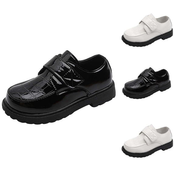 Kids Patent Leather Loafer Shoes, Adjustable Hook and Loop Strap Casual Dress Shoes, Thick Non‑Slip Sole Boys Girls Uniform Flats