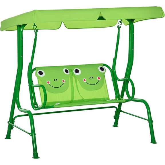 Kids Patio Swing, 2-Seater Outdoor Swing Chair with Adjustable Canopy and Safety Belt, Lion Pattern Hanging Swing Bench for Garden or Backyard, Yellow