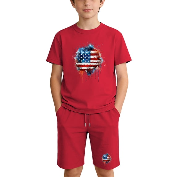 Kids Patriotic 2 Piece Outfit Red Unisex 4th of July T-Shirt and Shorts Set Summer Clothes,Size 11 T