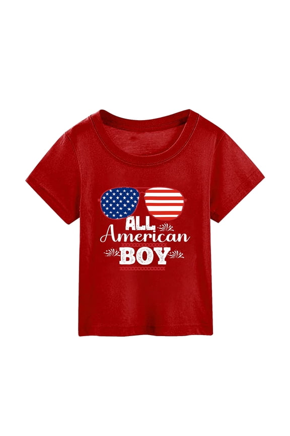 Kids Patriotic 4th of July Shirts Glasses Flag Printed Short Sleeve Pullover Summer T-Shirts for Boys Girls Red