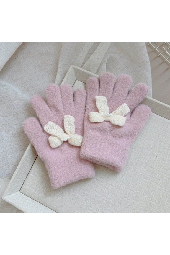 Kids Pearl Bows Knit Gloves - Warm Finger Gloves for Girls & Boys