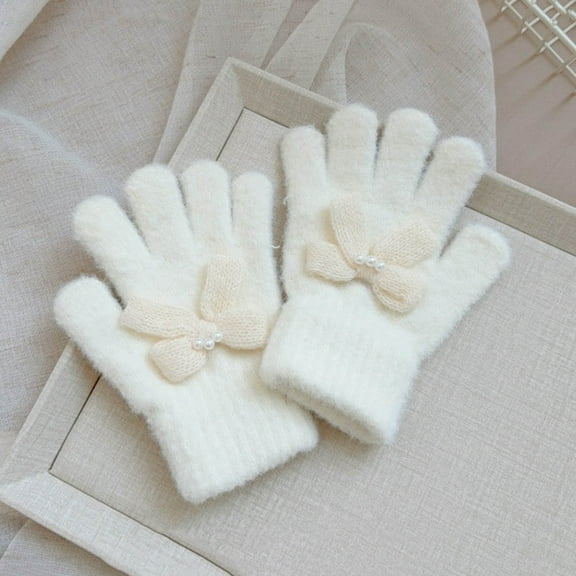 Kids Pearl Bows Knit Gloves - Warm Finger Gloves for Girls & Boys