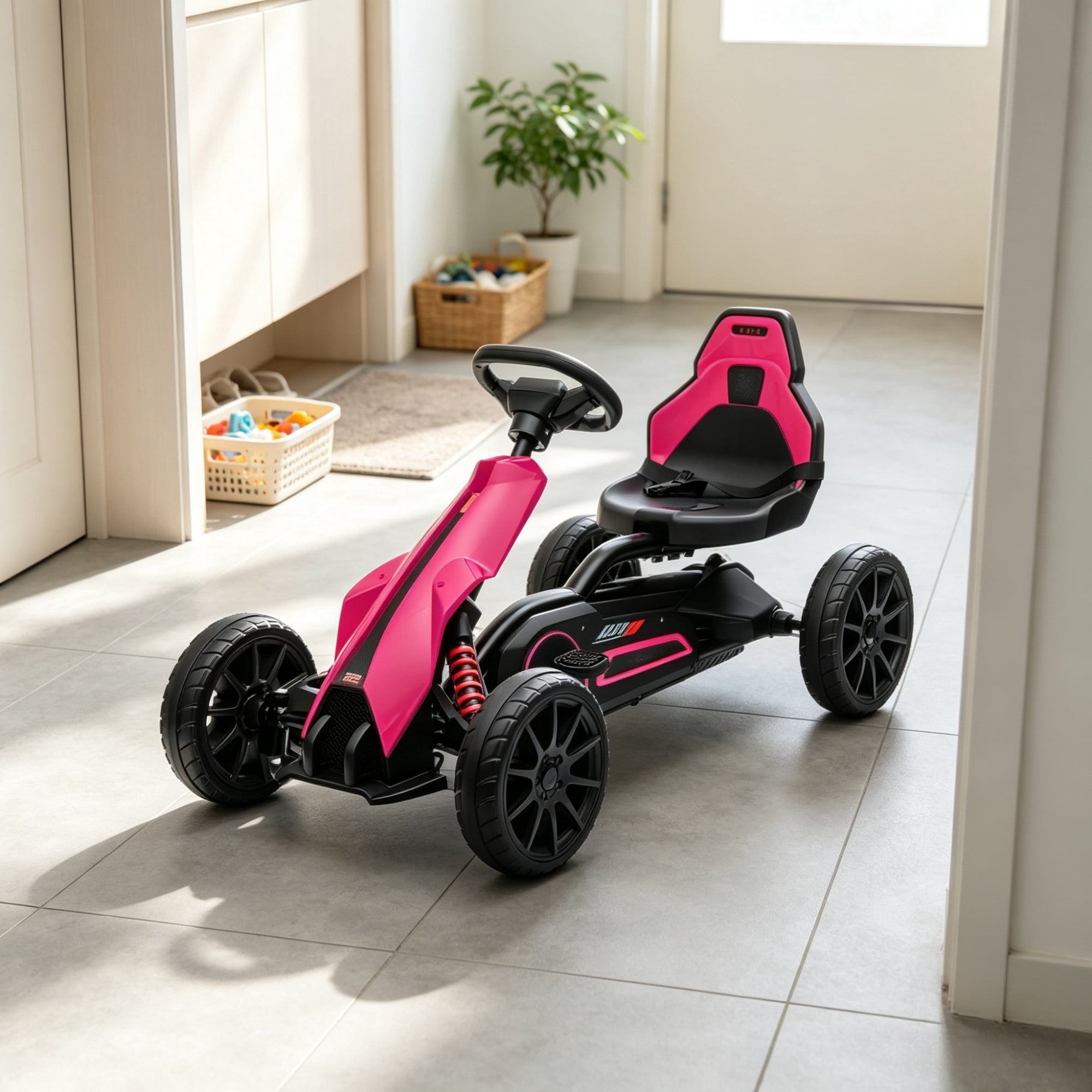 Kids Pedal Go Kart, Adjustable Seat, Durable Swing Axle, Safe Outdoor Ride-On Toy, Pink