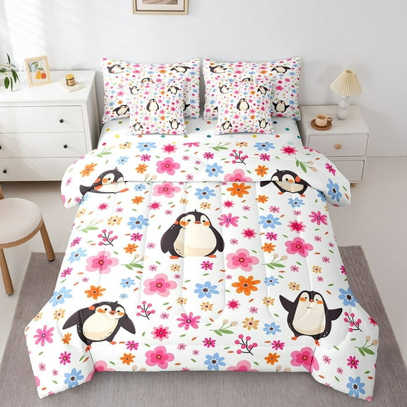 Penguin Bedding Comforter Sets 7pcs Pink Flower Floral Full Bedding Sets, Colorful Polka Dots Reversible Bed in a Bag Antarctic Animal Comforter Set, Cute Wildlife Bed Set