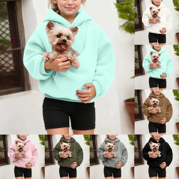 Kids Pet Carrier Hoodies Boys Girls Plush Animal Holder Hoodie with Cute Dog Pocket Sweatshirt Casual Winter Pullover Top 13-14 Years