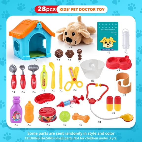 Kids Pet Doctor Toy Set 28 Piece Pretend Play Vet Kit with Plush Dog Doghouse and Medical Tools