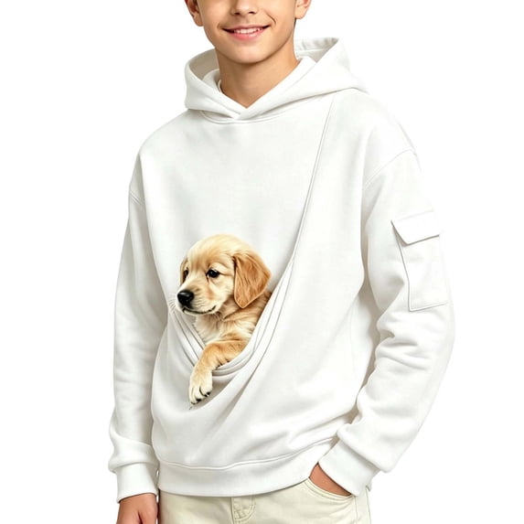 Kids Pet Pouch Hoodie Boys Oversized Cat Hoodies with Large Kangaroo Pouch Solid Color Long Sleeve Sweatshirts