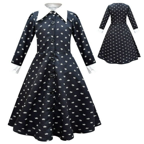 Kids Peter Pan Collar Dress Girls Long Sleeve Halloween Cosplay Addams Costume
