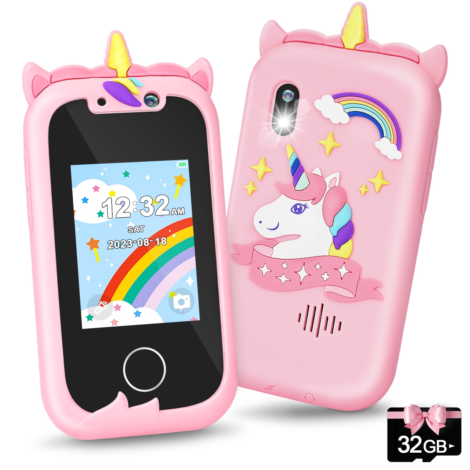 Celecstan Kids Phone, Kids Phone Toys for 3 4 5 6 7 8 Year Old Girl Birthday Gifts, Toddler Learning Toys Unicorn Baby Phone with Dual Camera and 32G SD Card