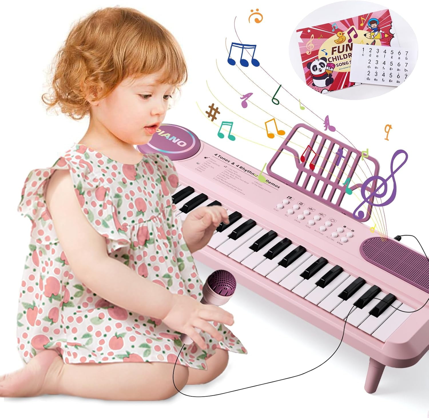 First Birthday Gifts for Girls Age 1-3, 37 Keys Pink Piano Keyboard Toy with Microphone for Toddlers, Early Educational Portable Music Toys Instruments, Chrsitams Day Gifts for Girls Kids Age 2+