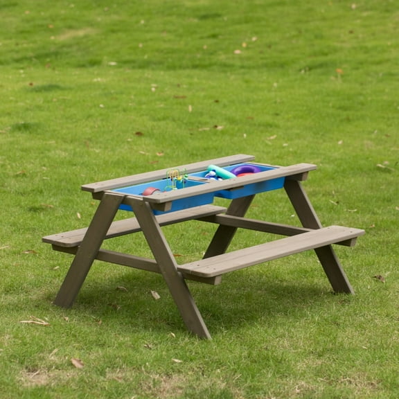 Kids Picnic Play Table, Sandbox Table with Umbrella Hole and 2 Play Boxes with Removable Top, Gray