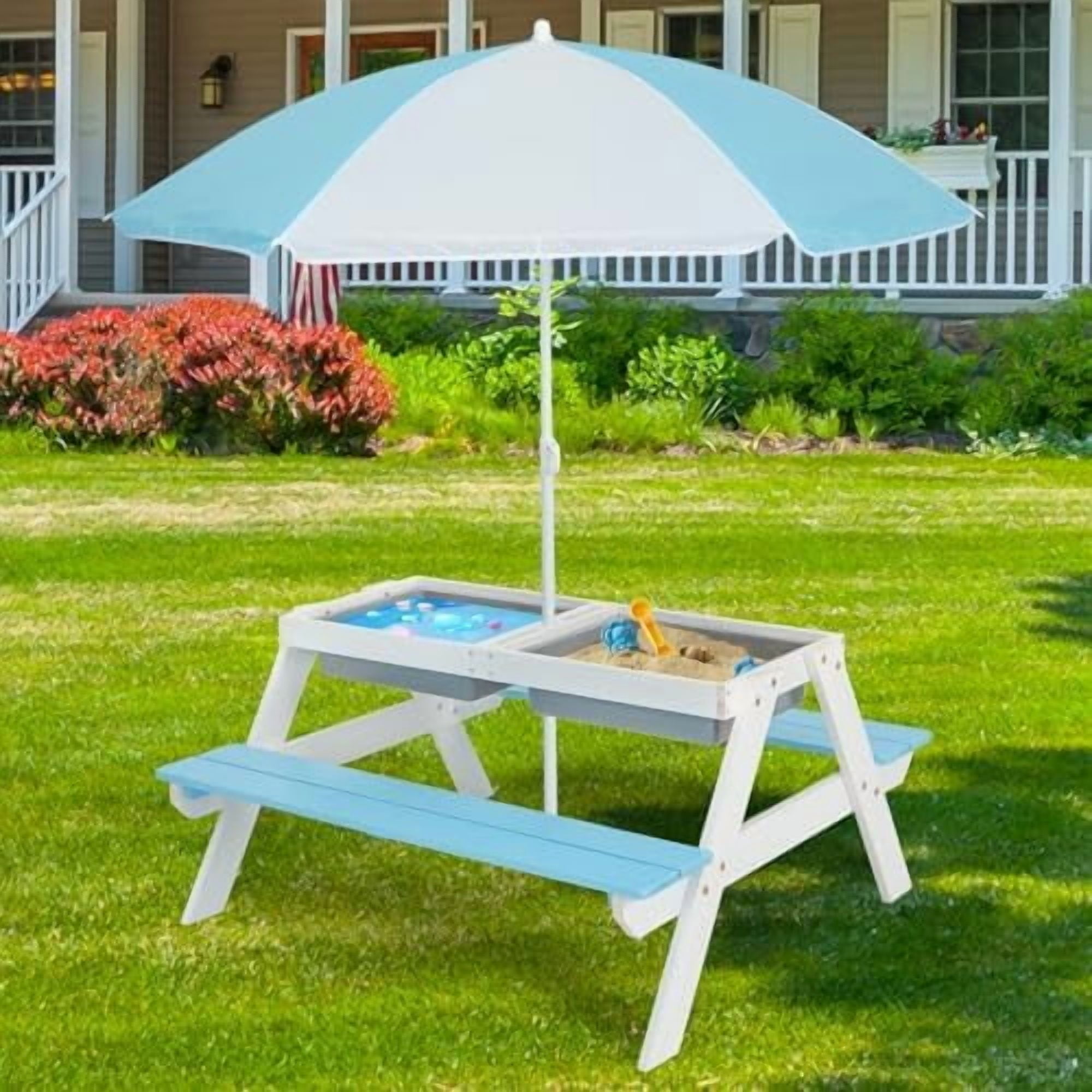 Kids Picnic Table, 3 in 1 Sand and Water Table w/Detachable Tabletop, 2 ...
