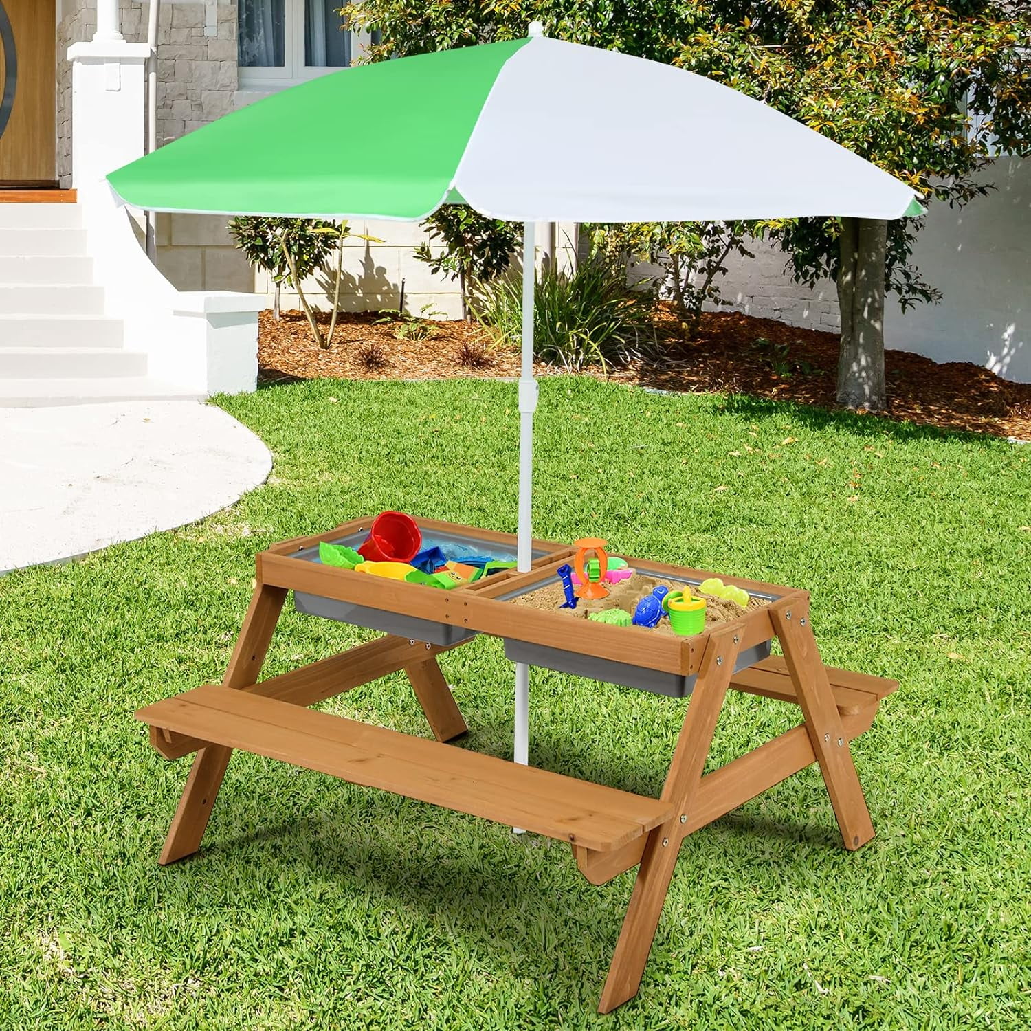Kids Picnic Table, 4 in 1 Sand and Water Table w/Detachable Tabletop, 2 ...