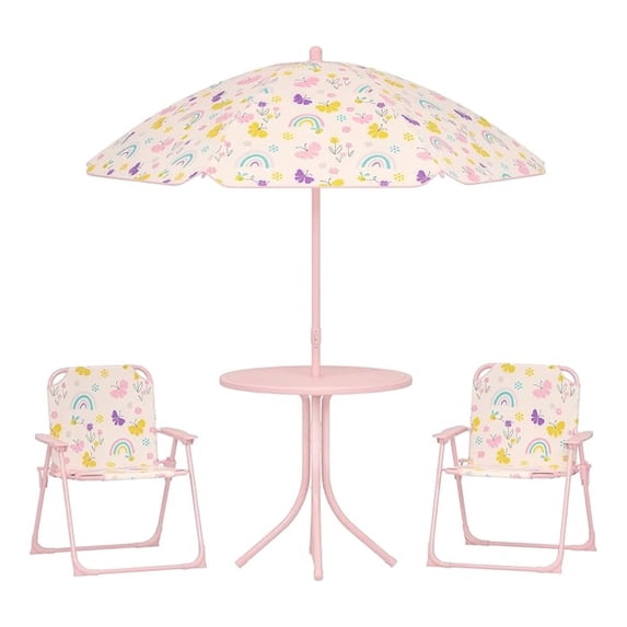 Kids Picnic Table and Chair Set, Outdoor Activity Table with Foldable Chairs, Removable Umbrella, Pattern Toddler Patio Furniture for Backyard, Garden, Pink
