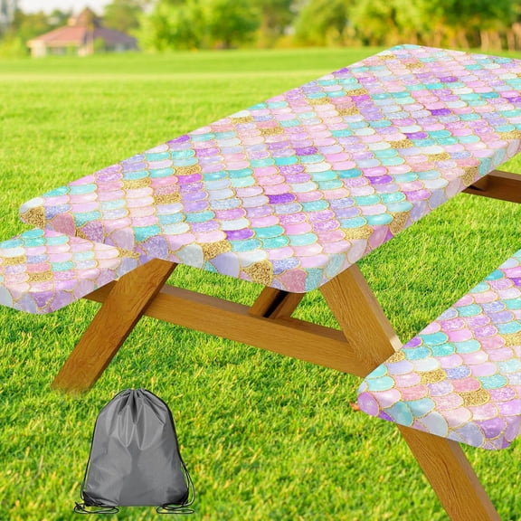 Kids Picnic Table Cover with Bench Covers, Camping Essentials, Mermaid Windproof Ocean Theme Tablecloths, Fitted Tablecloth Cover with Elastic Edge, for Garden & Outdoor, 3 PCS, 30x72 Inch
