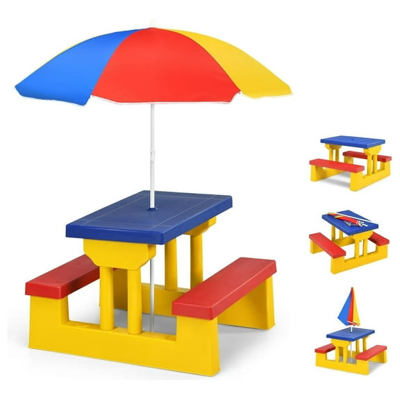 Kids Picnic Table, Kids Outdoor Table and Chairs with Removable and Adjustable Umbrella, Kids Table Indoor, Portable Toddler Picnic Table for Patio, Backyard, Garden (Colorful)