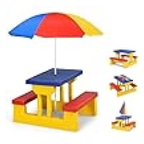 Kids Picnic Table, Kids Outdoor Table and Chairs with Removable and Adjustable Umbrella, Kids Table Indoor, Portable Toddler Picnic Table for Patio, Backyard, Garden (Colorful)